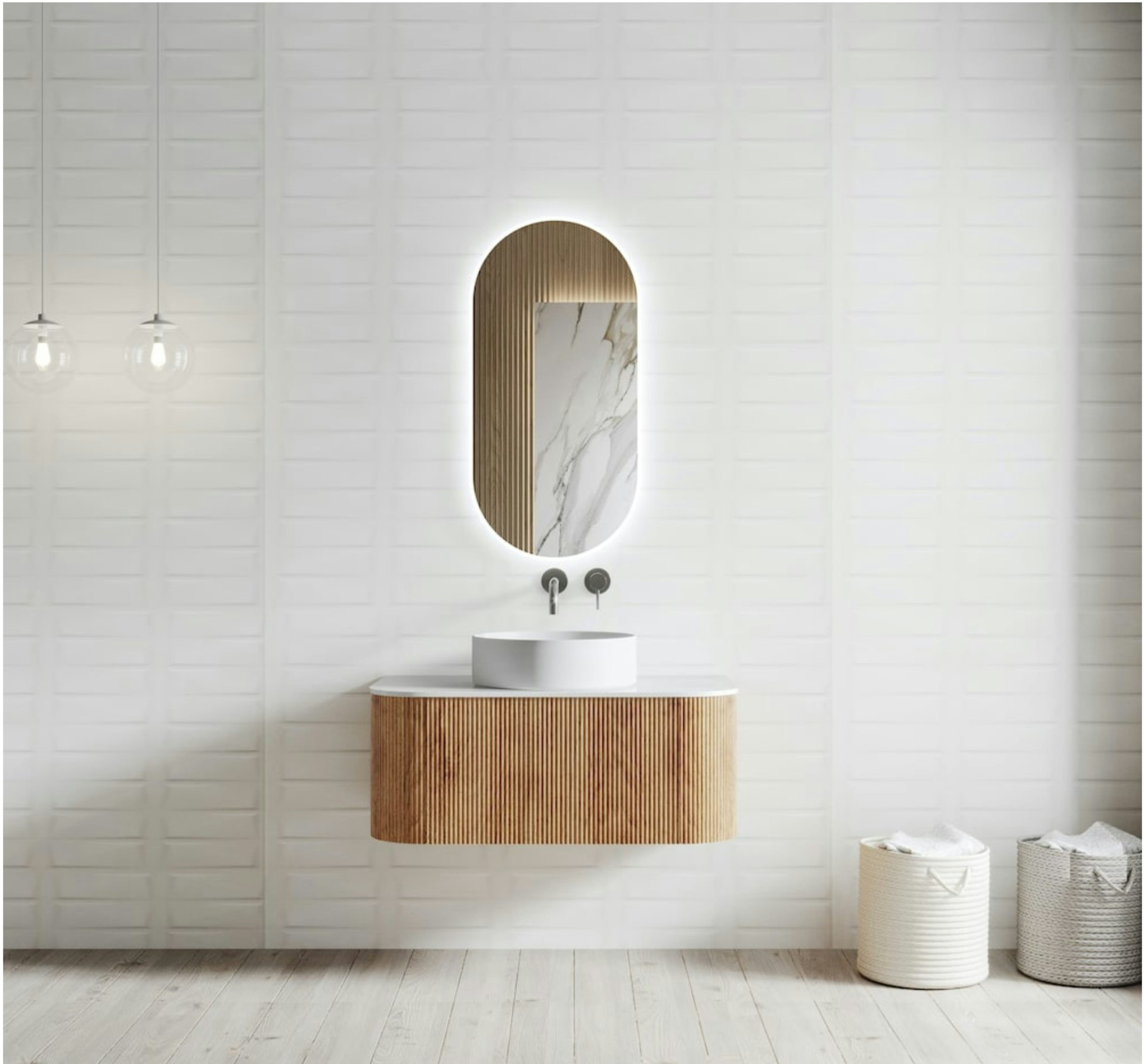 Contemporary bathroom vanity unit with wood finish and round mirror